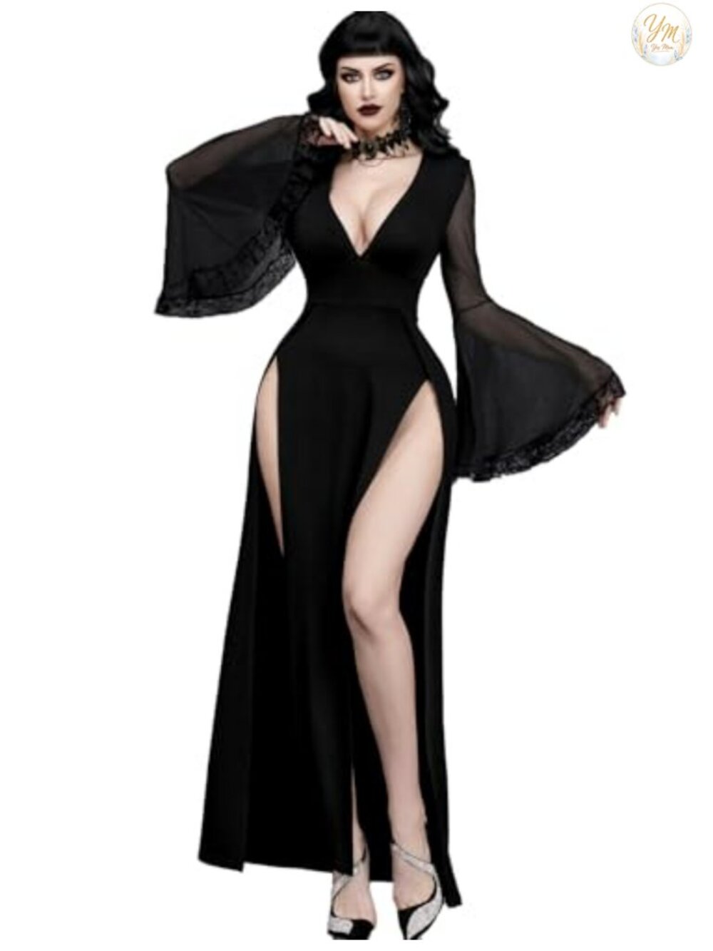 Gothic V Neck High Slit Witch Sleeve Lace Patchwork Bridal Dress